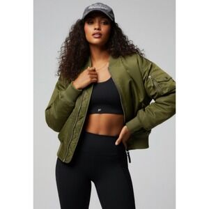 Fabletics Womens Full Zip Iconic Bomber Puffer Oversized Jacket Dark Moss Small‎